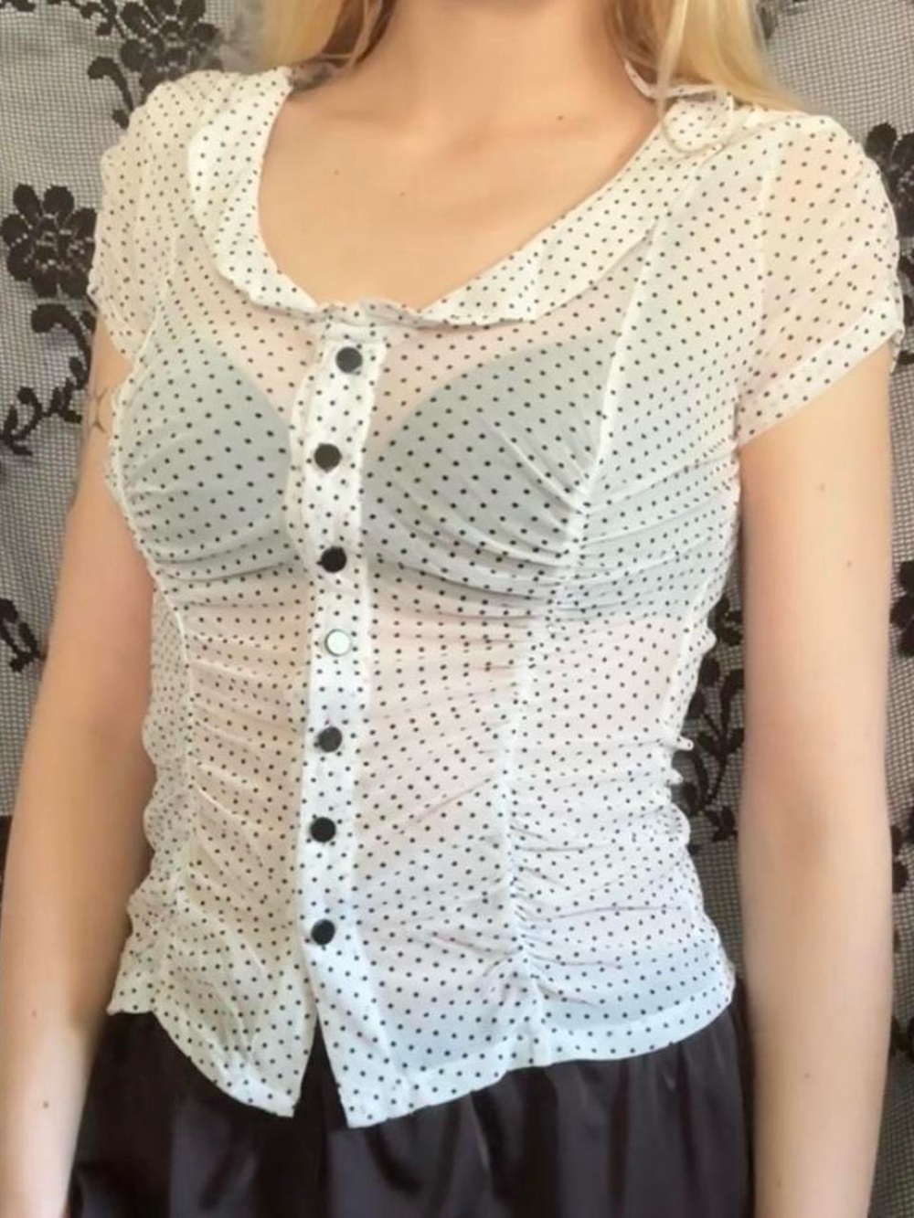 Urban Outfitters White Sheer Black Polka Dot Button-Up Top